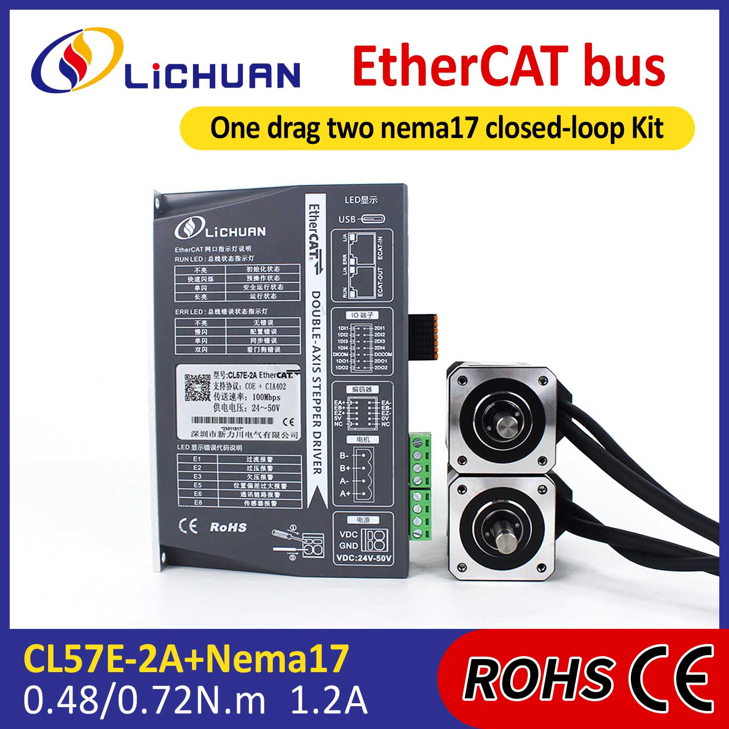 „EtherCAT“ 2 fazių „Nema17“ 2 ašių nuolatinės srovės uždarojo ciklo žingsninio variklio tvarkyklių rinkinys