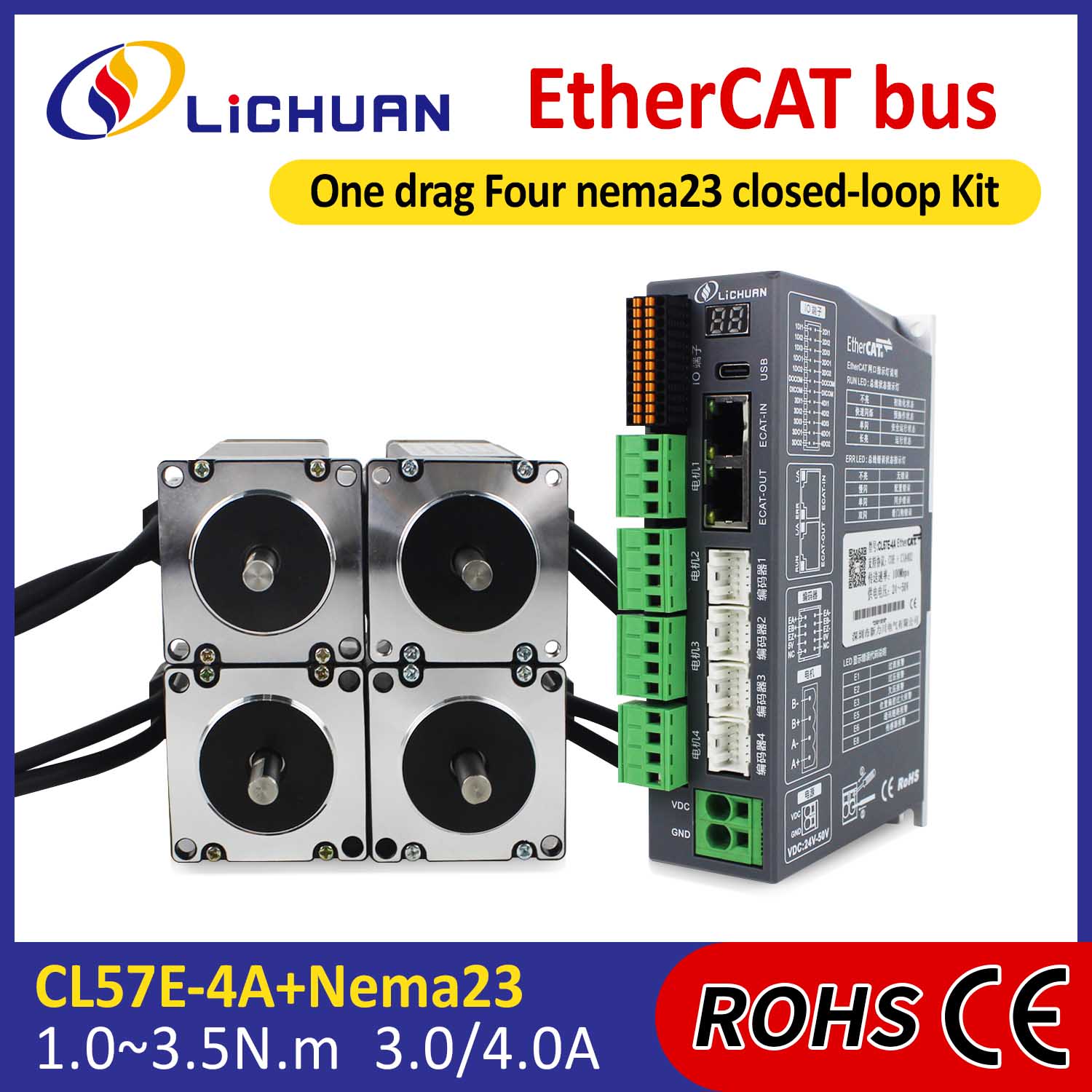 „EtherCAT“ 2 fazių „Nema23“ 4 ašių nuolatinės srovės uždarojo ciklo žingsninio variklio tvarkyklių rinkinys