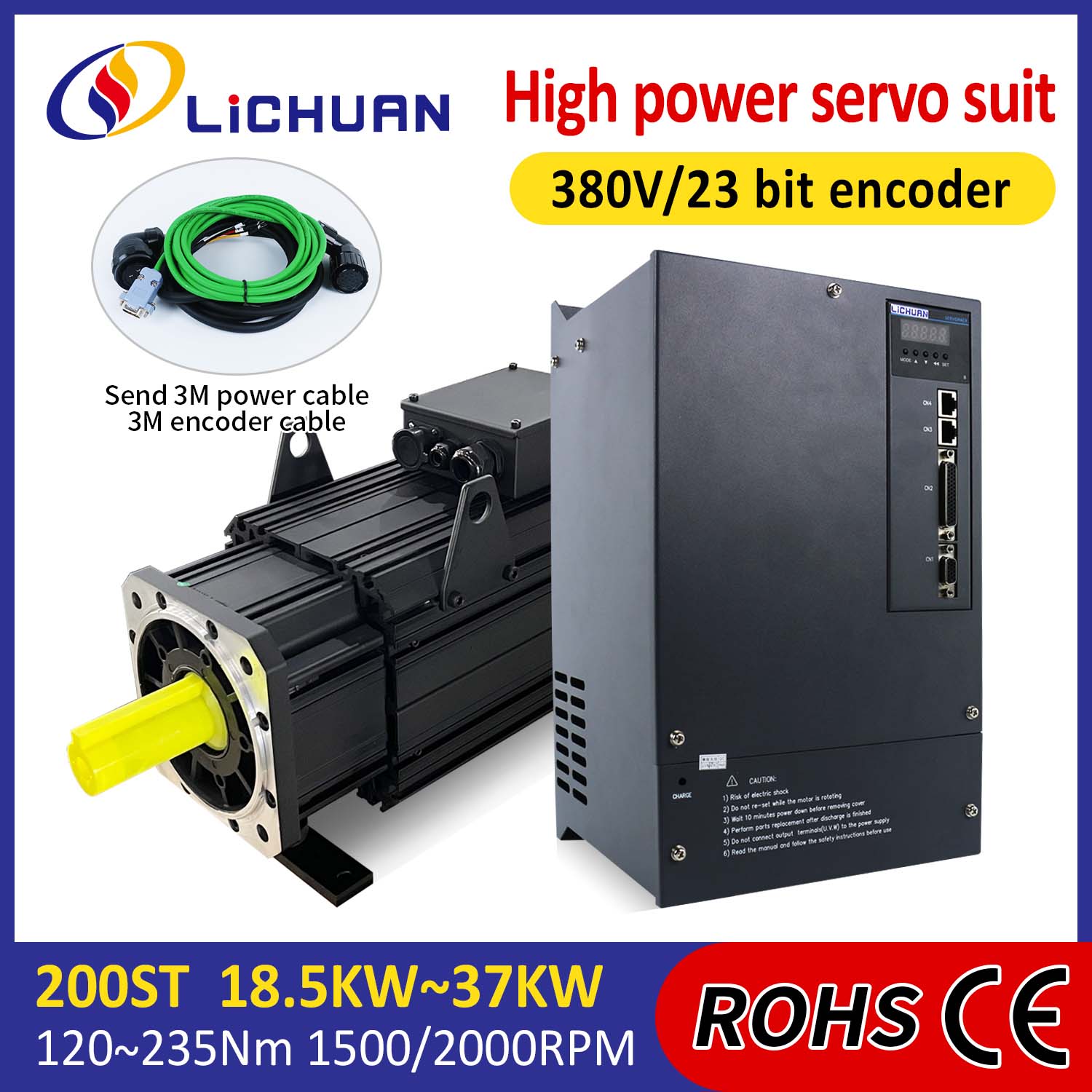 Lichuan kintamosios srovės servo variklio tvarkyklių rinkinys DIDELIS GALIOS 191N.m 30KW AC380V 52A 1500/2000RPM IP65