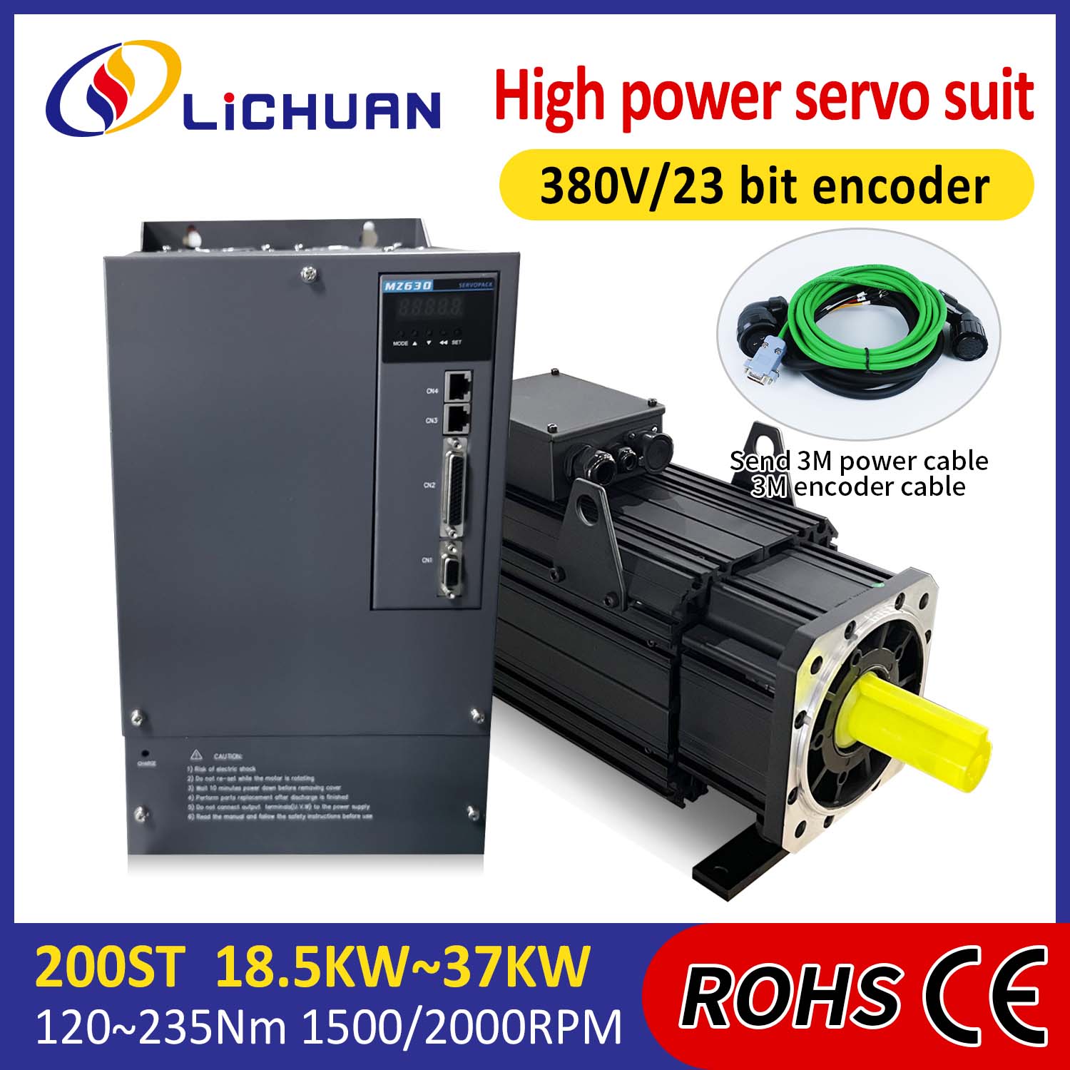 Lichuan kintamosios srovės servo variklio tvarkyklių rinkinys DIDELIS GALIOS 88N.m 18.5KW AC380V 31.6A 1500/2000RPM IP65