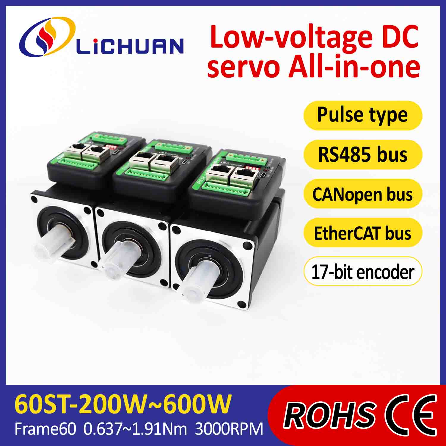 Lichuan integruota servo variklių tvarkyklė L formos 600 W 1,91 N.m DC24/48V 6.0/10/12/15A 3000RPM IP65